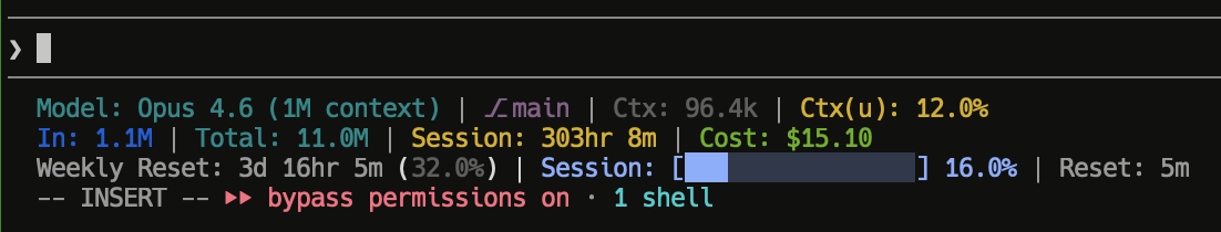 ccstatusline showing session usage at 15%, weekly at 32%, reset timers, cost, and context window